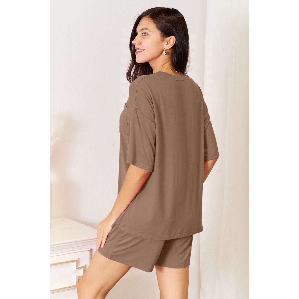 BASIC BAE Mocha Brown Two Piece Rayon Half Sleeve Top Shorts Set Casual NEW - Picture 2 of 5